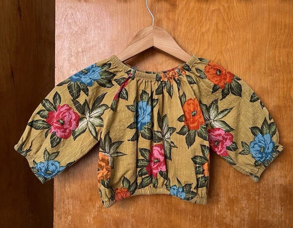 Pink Chicken Girl's Dylan Top Mustard Floral Puff Sleeve Peasant Boho Fall Sz 5Y